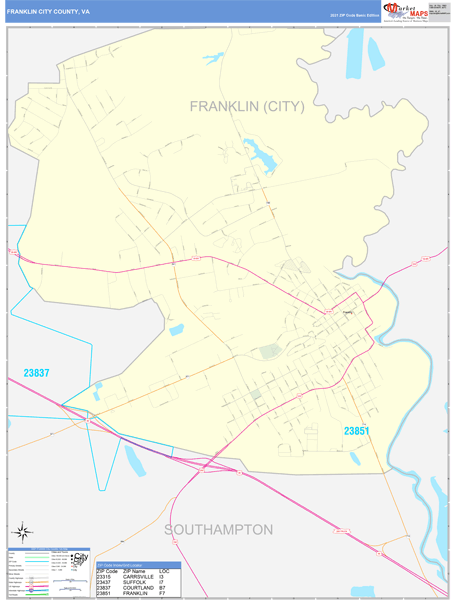 Franklin City County, VA Zip Code Wall Map